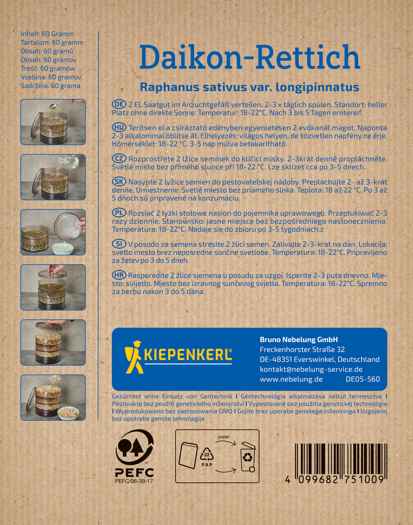 Anleitung und Bilder zum Säen von Daikon-Rettich in fünf Schritten, mit Text in mehreren Sprachen.