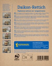 Anleitung und Bilder zum Säen von Daikon-Rettich in fünf Schritten, mit Text in mehreren Sprachen.