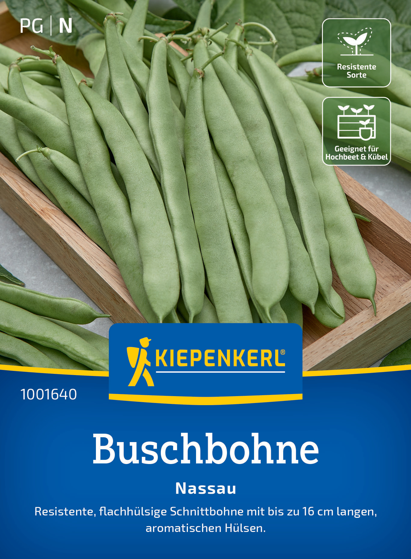 Grüne Buschbohnen mit länglichen, flachen Hülsen auf Holzregal, Pflanzensymbol und Text in deutscher Sprache.