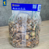 Kiepenkerl Pflanzenschutznetz in transparent mit blauer Oberseite und QR-Code, auf Holzplatte vor grauem Hintergrund.