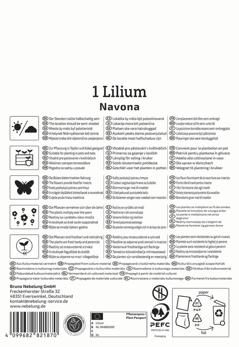 Verpackungsetikett mit pflanzenpass, Pflegehinweise, Pflanzenschutz, Umweltzeichen, Barcode, Herstellerinformationen und Recycling-Symbole.
