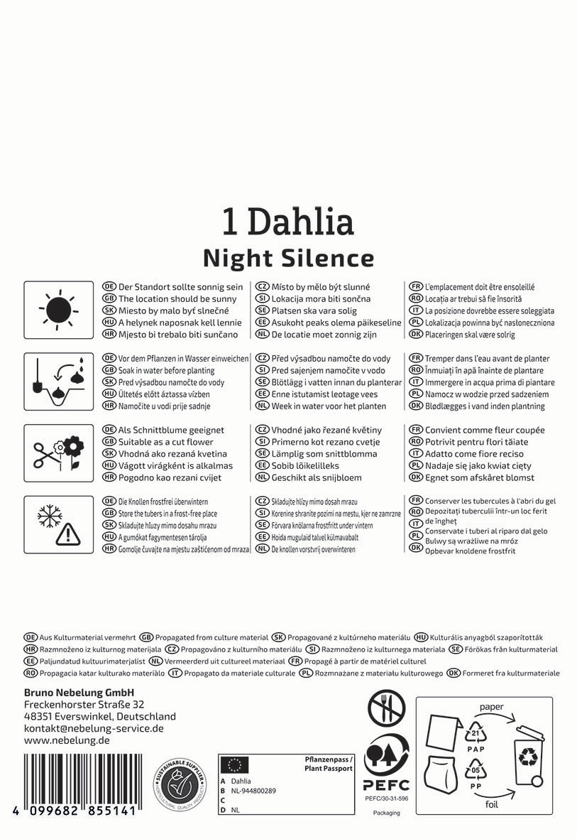 Schriftzug "1 Dahlia Night Silence" mit Pflanzensymbol und Pflegehinweisen in verschiedenen Sprachen und Symbolen.