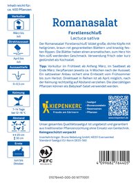 Pflanzenetikett für Romanasalat mit Name, Tipps, Anbauhinweisen und Logo.