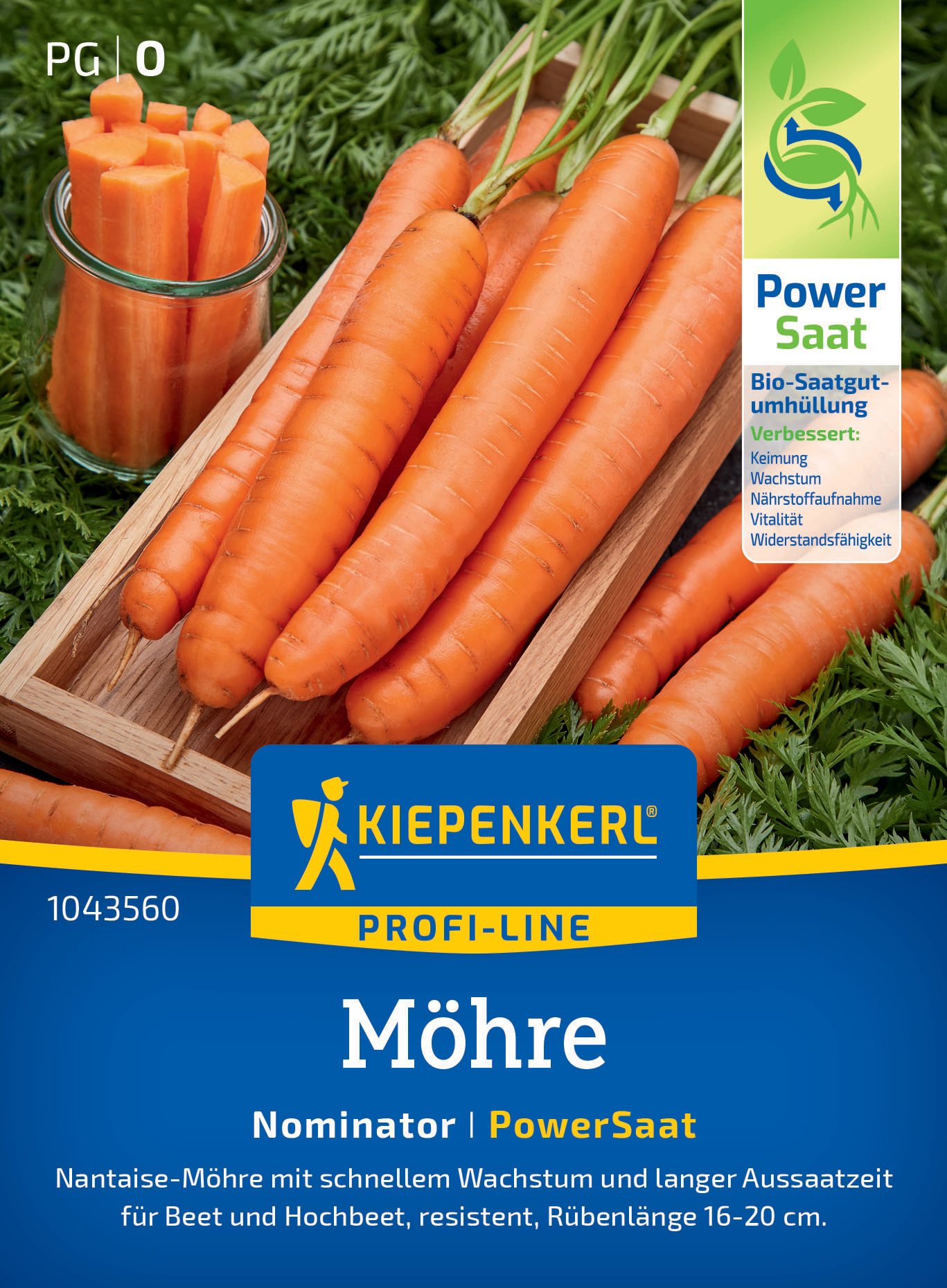 Mehrere orange Möhren auf Holzbrett, Glas mit geschnittenen Möhren. Verpackung mit Kiepenkerl-Logo und Produktinformationen.