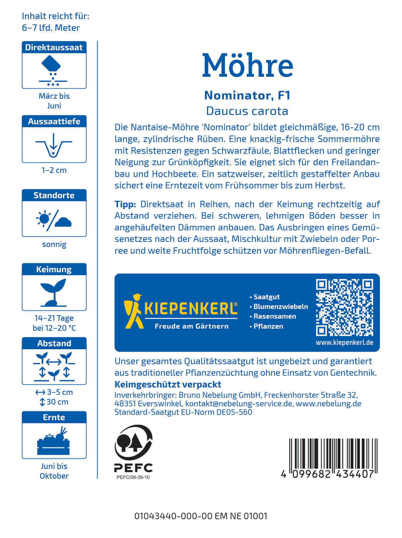 Infoblatt mit Pflanzinformationen, Anbauhinweisen, Standort- und Pflegeempfehlungen für Möhren, inklusive QR-Code und Logo.