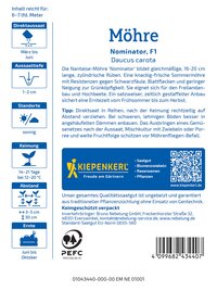 Infoblatt mit Pflanzinformationen, Anbauhinweisen, Standort- und Pflegeempfehlungen für Möhren, inklusive QR-Code und Logo.