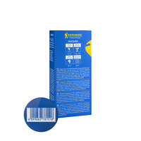 Blaue Verpackung mit gelbem Logo, weißem Text, Icons, und einem Barcode auf weißem Hintergrund.