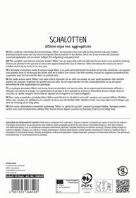 Packung mit aufgedruckten Informationen über Schalotten in verschiedenen Sprachen und einem Strichcode.