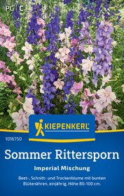 Bunte Ritterspornblumen in pink und lila, mit grünen Blättern, auf einer Gartenpackung.