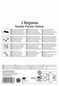 Infografik mit Anleitung zum Pflanzen und Pflegen der Begonia Double Flower Yellow mit Text in mehreren Sprachen.