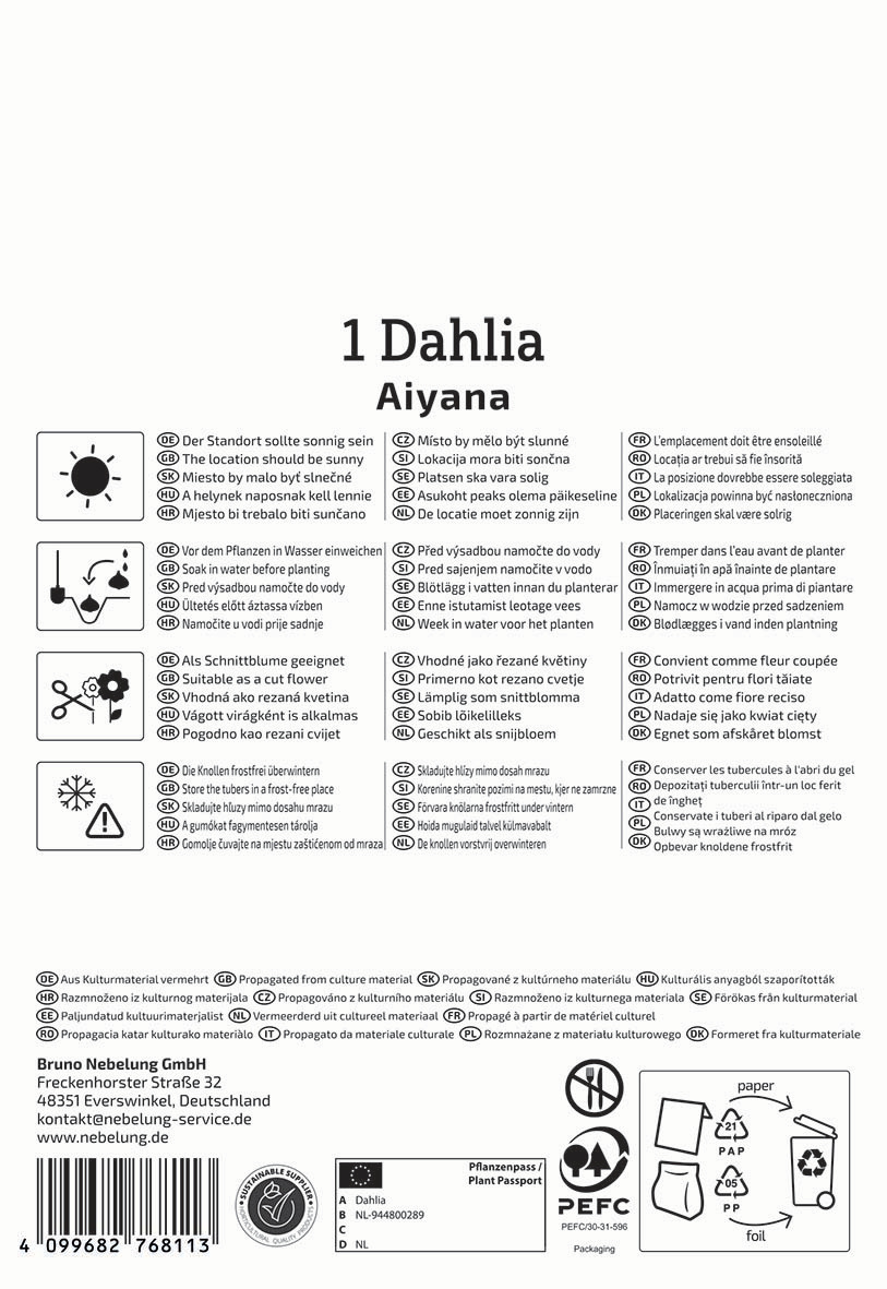 Zeichnung eines Sonnenrades mit Pfeil, Symbole für Wasser, Schneiden, Luft und Frostschutz, Pflanzanleitung auf mehreren Sprachen.