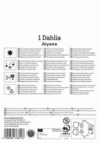 Zeichnung eines Sonnenrades mit Pfeil, Symbole für Wasser, Schneiden, Luft und Frostschutz, Pflanzanleitung auf mehreren Sprachen.