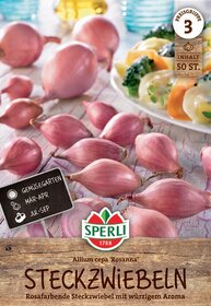 Rosa Zwiebeln auf einer Holzoberfläche mit einem Teller gefüllter Rosenzwiebeln im Hintergrund.