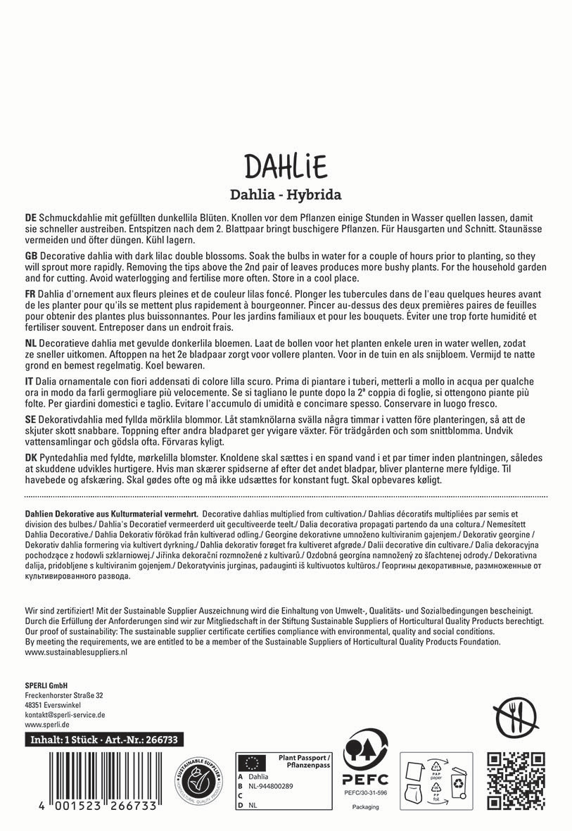 Beschreibung des Bildinhalts: Text auf mehreren Sprachen über Dahlien, Pflegehinweise und Nachhaltigkeitszertifizierung.