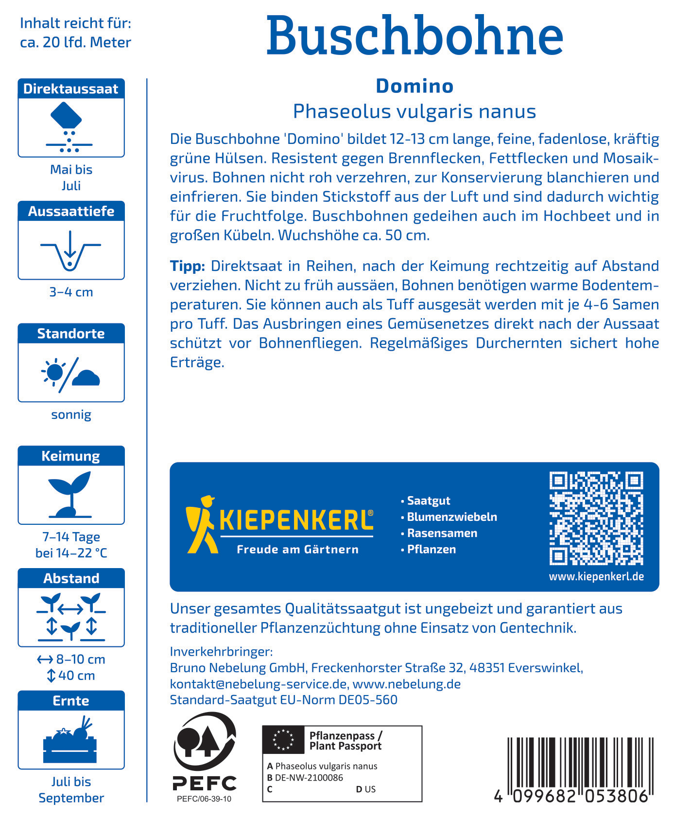 Buschbohne in einem Beutel aufgedrucktes Etikett mit Text und QR-Code