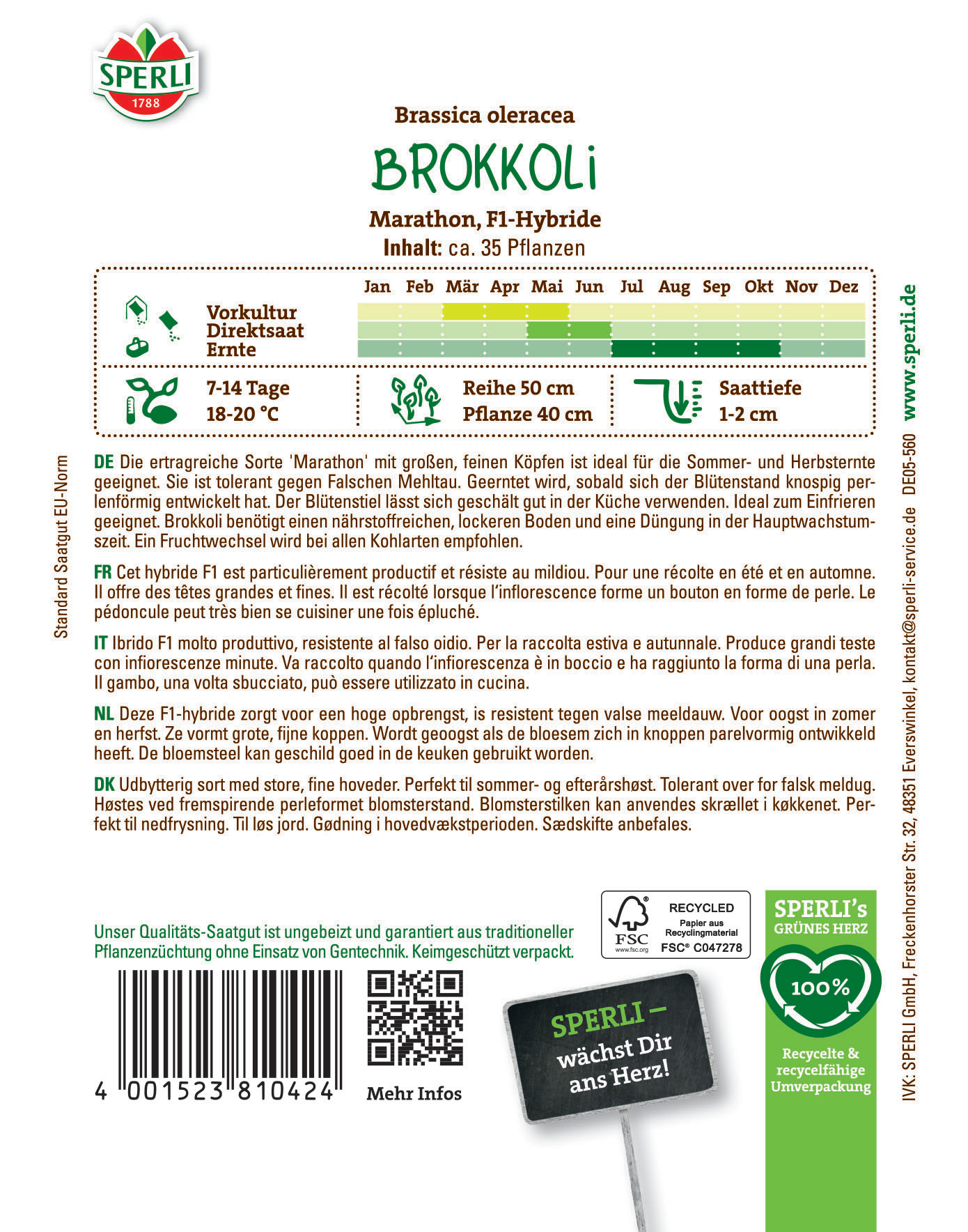 Paket mit Brokkoli Saatgut, mit Anbauinformationen, deutsche Hinweise, QR-Code und Barcode.