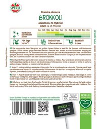 Paket mit Brokkoli Saatgut, mit Anbauinformationen, deutsche Hinweise, QR-Code und Barcode.