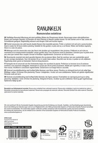 Verpackungstext für Ranunkel, mehrsprachig, mit Produktinformationen, Nachhaltigkeitssiegel und Herstellerangaben.