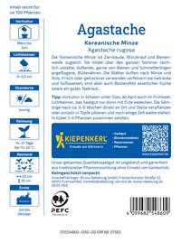 Informationen und Symbole für Agastache, Standort, Keimung, Ernte, Tipps, Hersteller, QR-Code, Barcode.