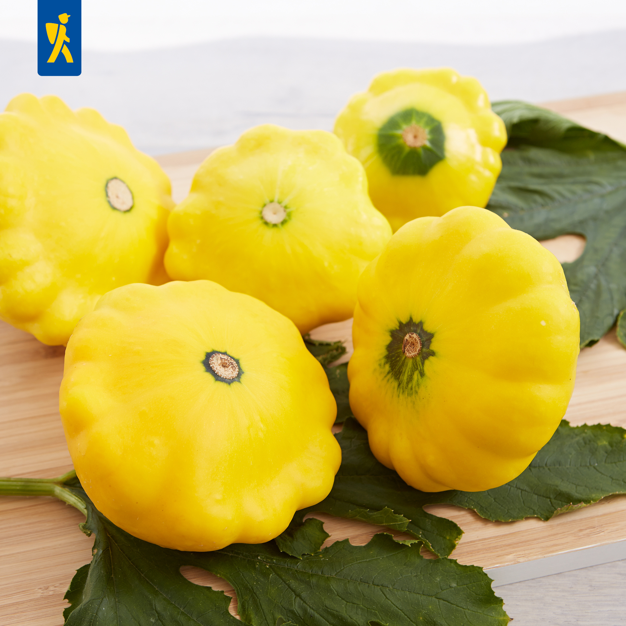 Sechs gelbe Kürbisse auf grünen Blättern auf Holzbrett.