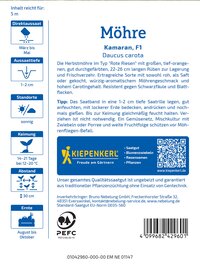 Informationstafel mit Details zu Möhre, Sorten, Anbau, Keimdauer, Abstand, Erntezeit und Produkt in blauer Farbe.