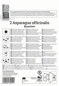 Packung mit Samen für 2 Asparagus officinalis Bonlim, Anbauanleitung, Symbole für Pflanzung und Pflege, Barcode, Adresse.