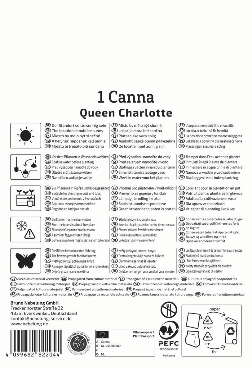Pflegehinweise, Symbole, Pflanzendaten, Adresse, Barcode, Recycling-Symbole, Propagationssymbol.