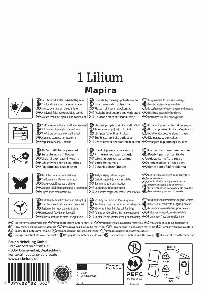 Anleitungstext mit Pflanzhinweisen, Symbolen und Herstellerinformationen in mehreren Sprachen.
