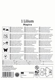 Anleitungstext mit Pflanzhinweisen, Symbolen und Herstellerinformationen in mehreren Sprachen.