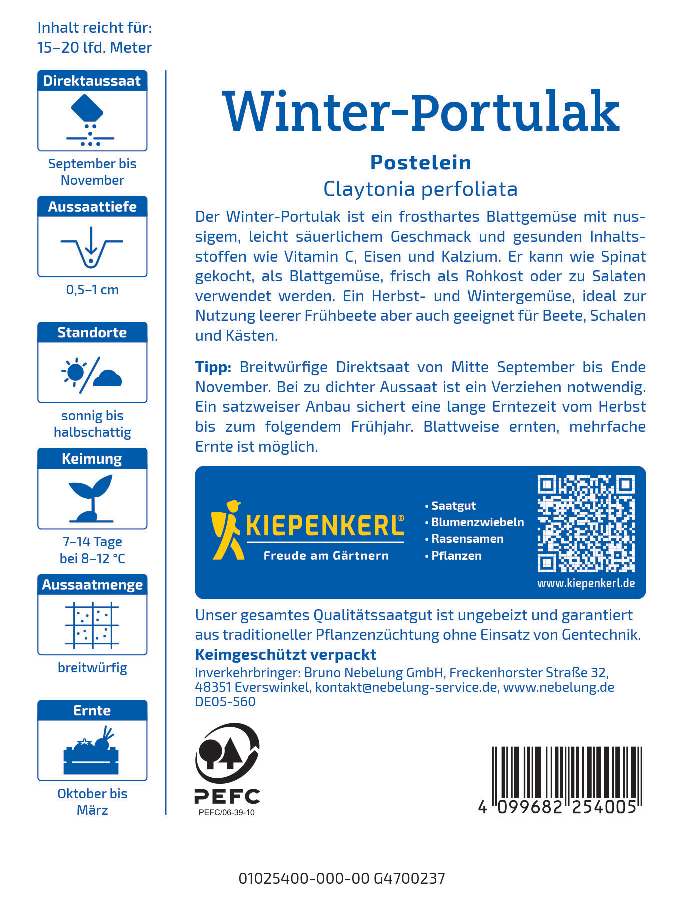 Bodennahe Packung mit blauer Kiepenkerl-Marke, Text, QR-Code, Barcode und Symbolen zu Pflanzstoffen.