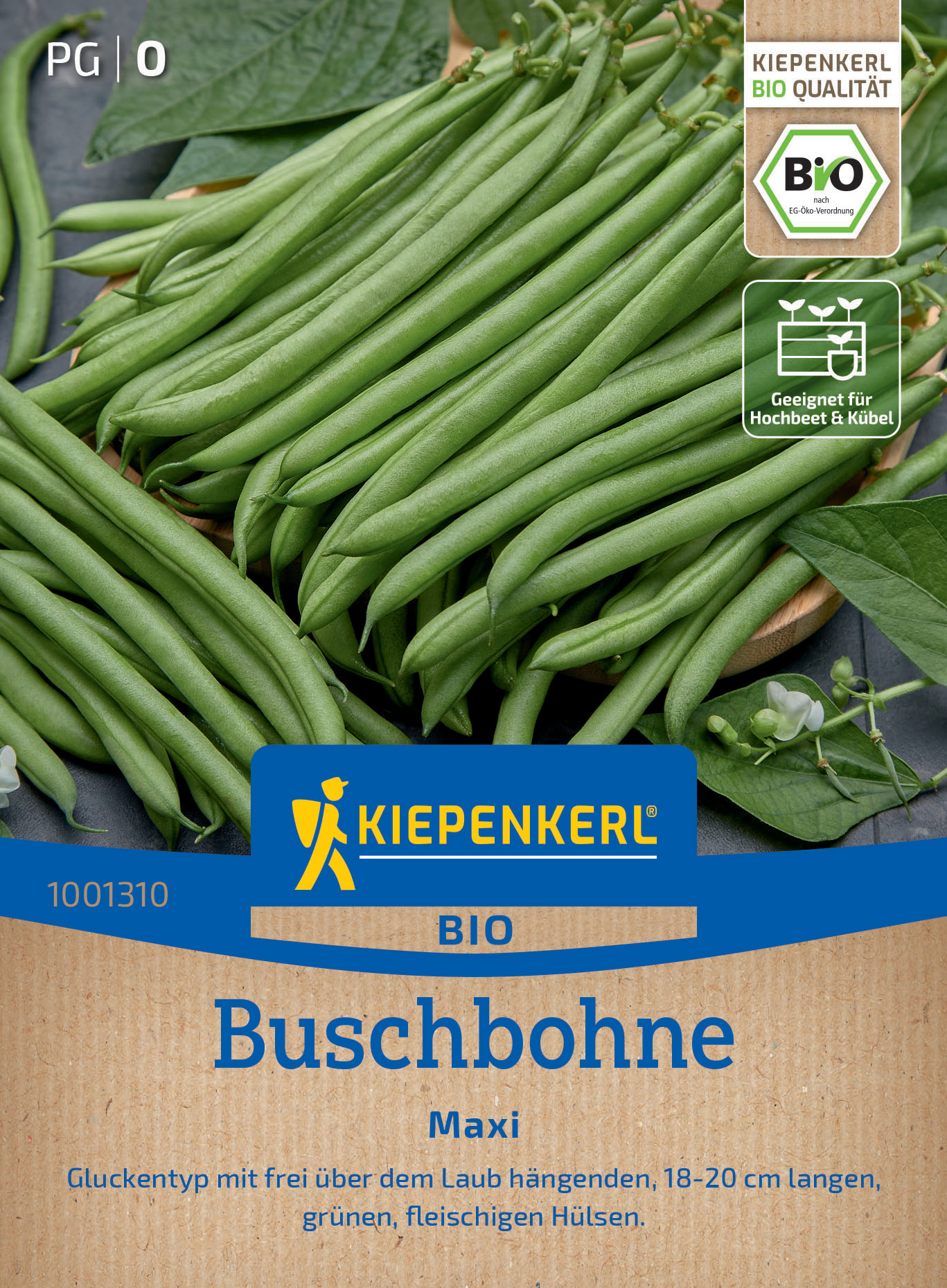 Grüne Buschbohnen mit langen, fleischigen Hülsen, auf Verpackung abgebildet.