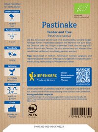 Packungsrückseite mit Text, QR-Code, Logo, Barcode und Symbolen zu Aussaat, Anbau, Reifezeit, Abstand und Kontaktdaten.