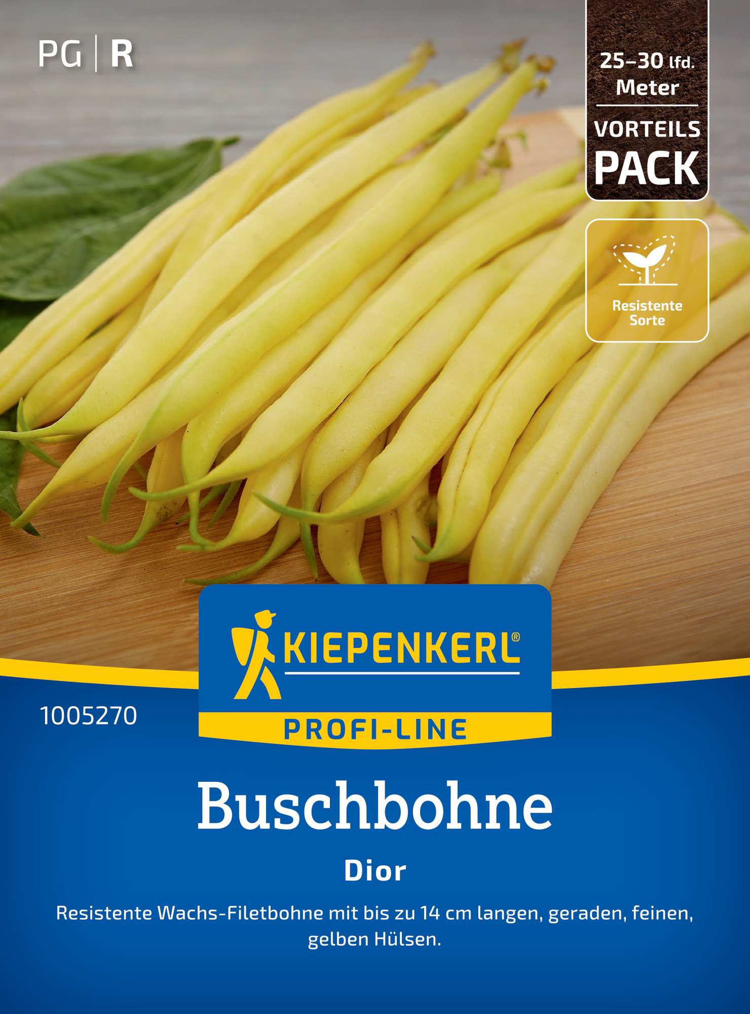 Buschbohnen auf Verpackung, grüner Blatt, gelbe Hülsen, Kiepenkerl Pack, resistente Sorte