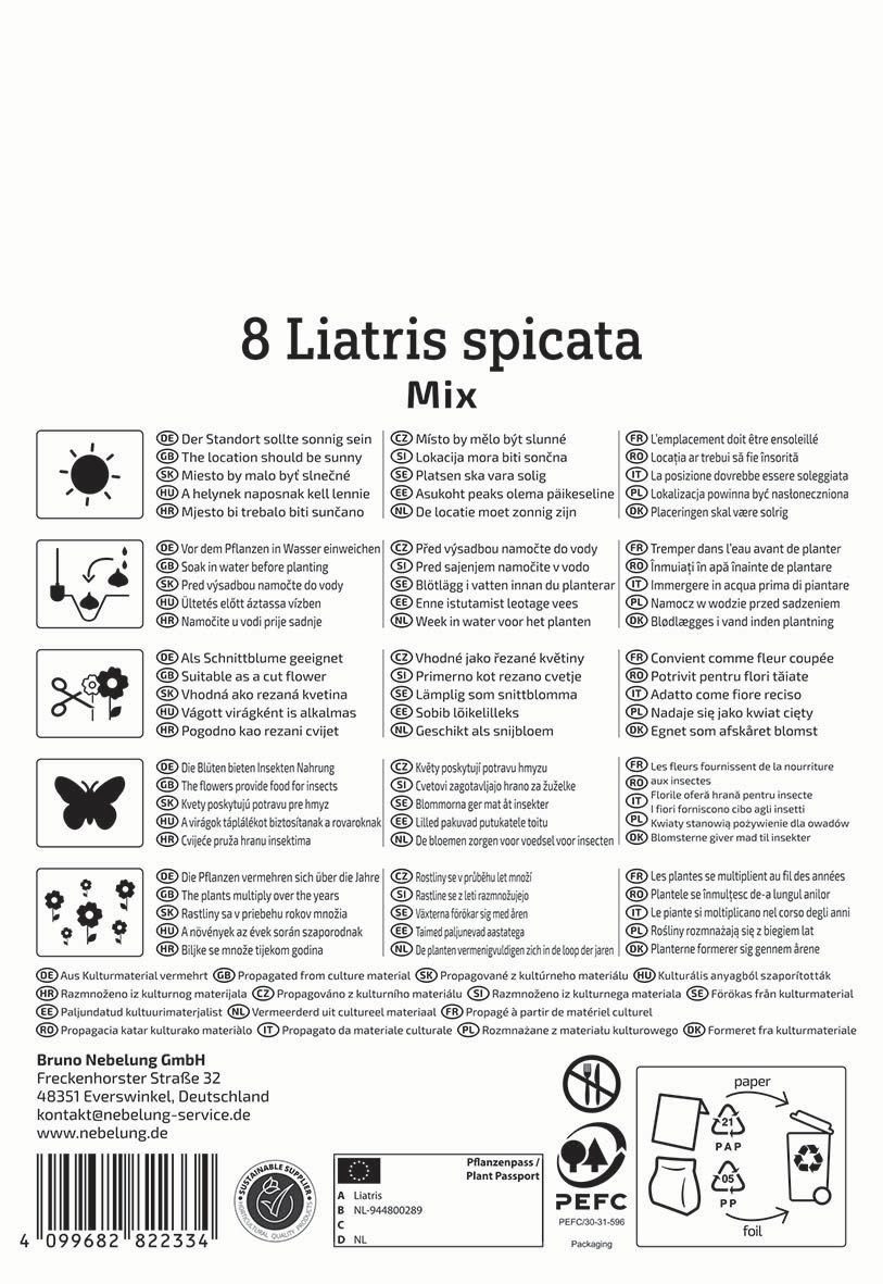 Text mit Pflanzenauswahl, Pflegehinweisen, Symbolen für Wasser, Sonne, Schnitt, Kulturmaterial und Herstellerangaben.