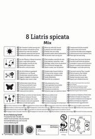 Text mit Pflanzenauswahl, Pflegehinweisen, Symbolen für Wasser, Sonne, Schnitt, Kulturmaterial und Herstellerangaben.