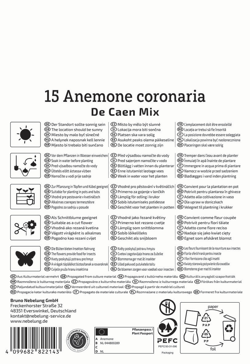 Informationstext mit Pflanzentipps, Symbolen, Herstellerangaben, Barcode und Recyclinghinweisen.