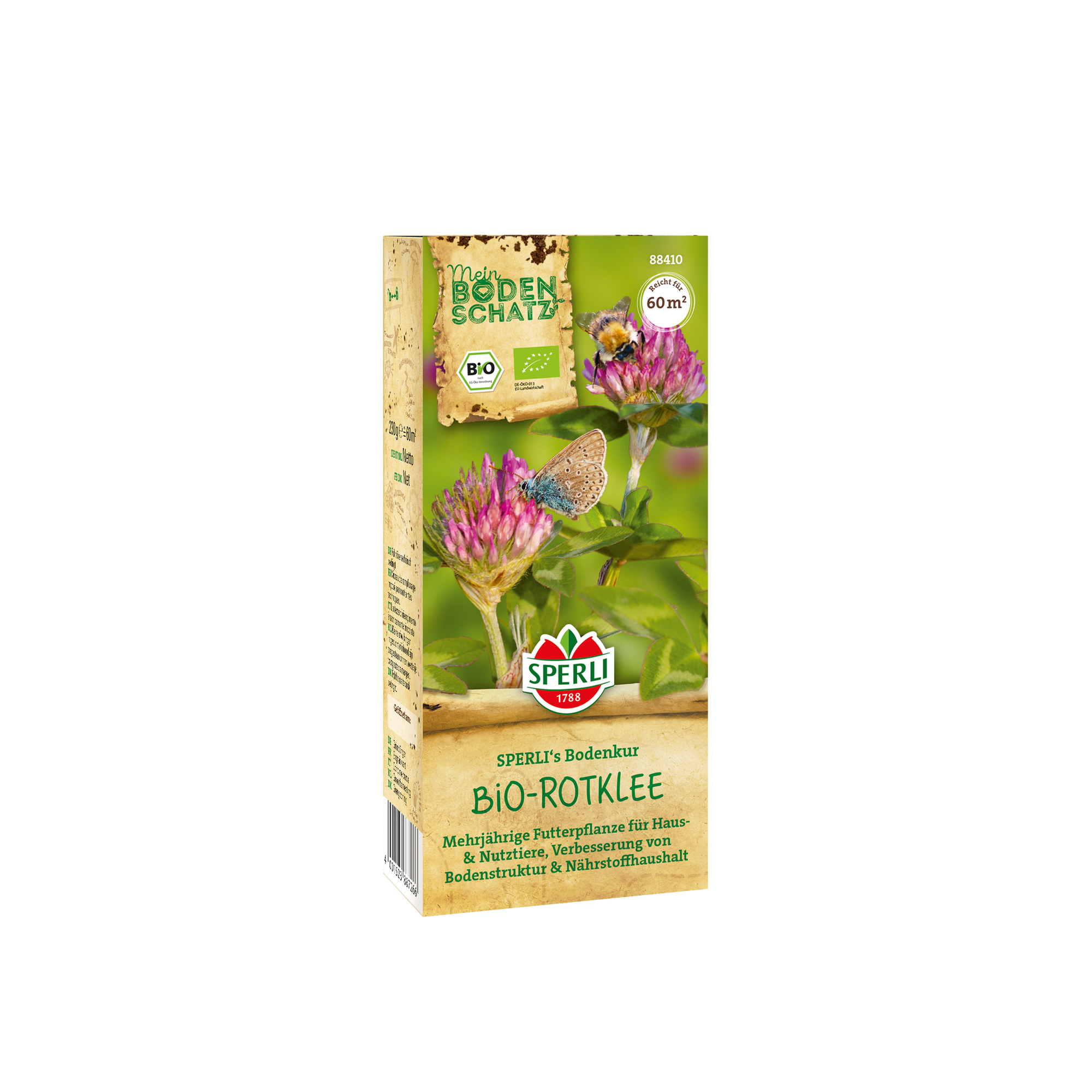 Verpackung für Bio-Rotklee mit pinken Blüten, einem Schmetterling und einer Biene auf grünem Hintergrund.