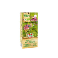 Verpackung für Bio-Rotklee mit pinken Blüten, einem Schmetterling und einer Biene auf grünem Hintergrund.