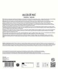 Text auf der Verpackung mit Informationen über Gladiolus-Sorten, Pflegehinweisen und Nachhaltigkeitszertifikat.