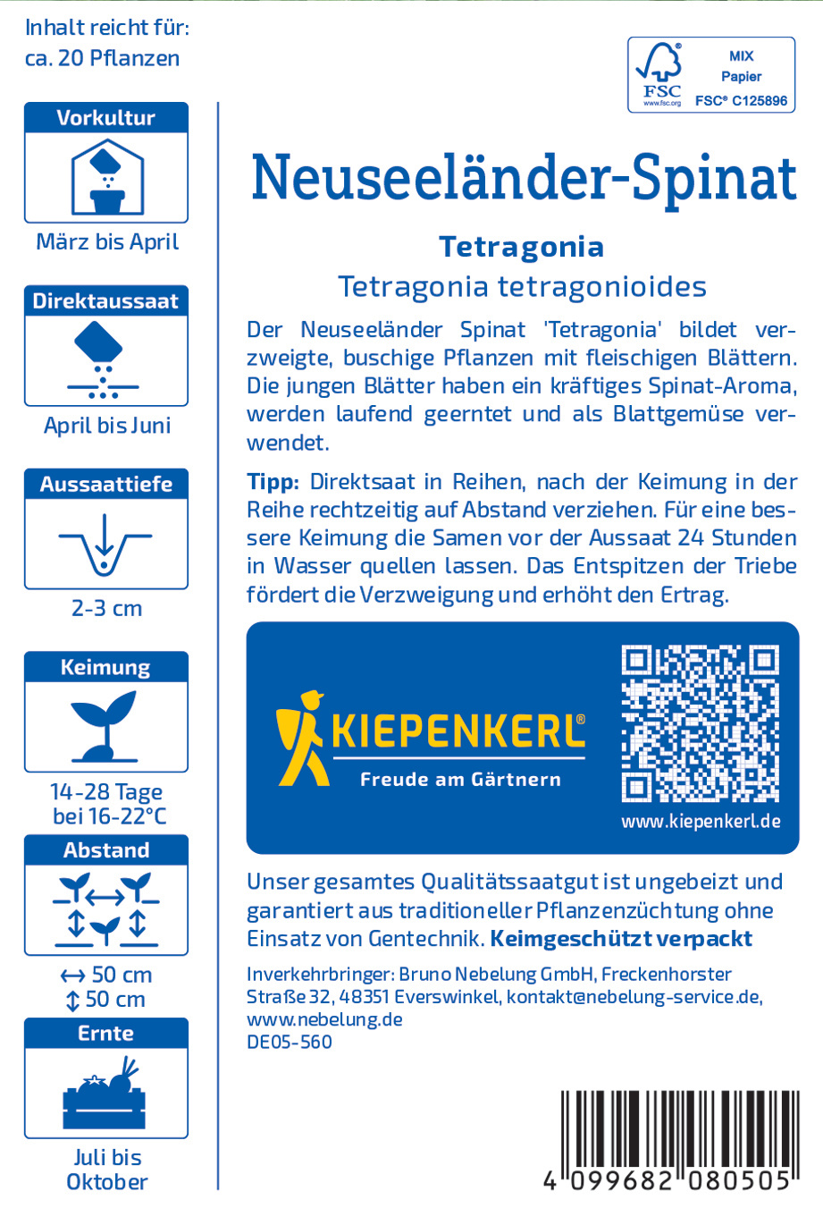 Pflanzensamen für Neuseeländer-Spinat, Inhaltsstoff, QR-Code, Marke Kiepenkerl, Verpackung.