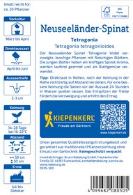 Pflanzensamen für Neuseeländer-Spinat, Inhaltsstoff, QR-Code, Marke Kiepenkerl, Verpackung.