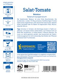 Anzuchttopf mit einer jungen Tomatenpflanze, Wurzeln sichtbar, auf grauem Untergrund.