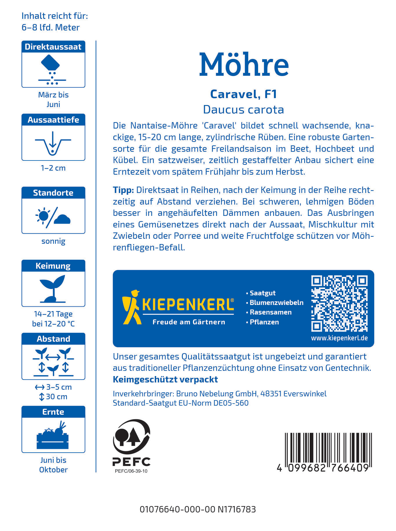 Möhre Caravel F1 Daucus carota, 15-20 cm lang, zylindrische Rüben, für Freiland, Beet, Hochbeet, Kübel.