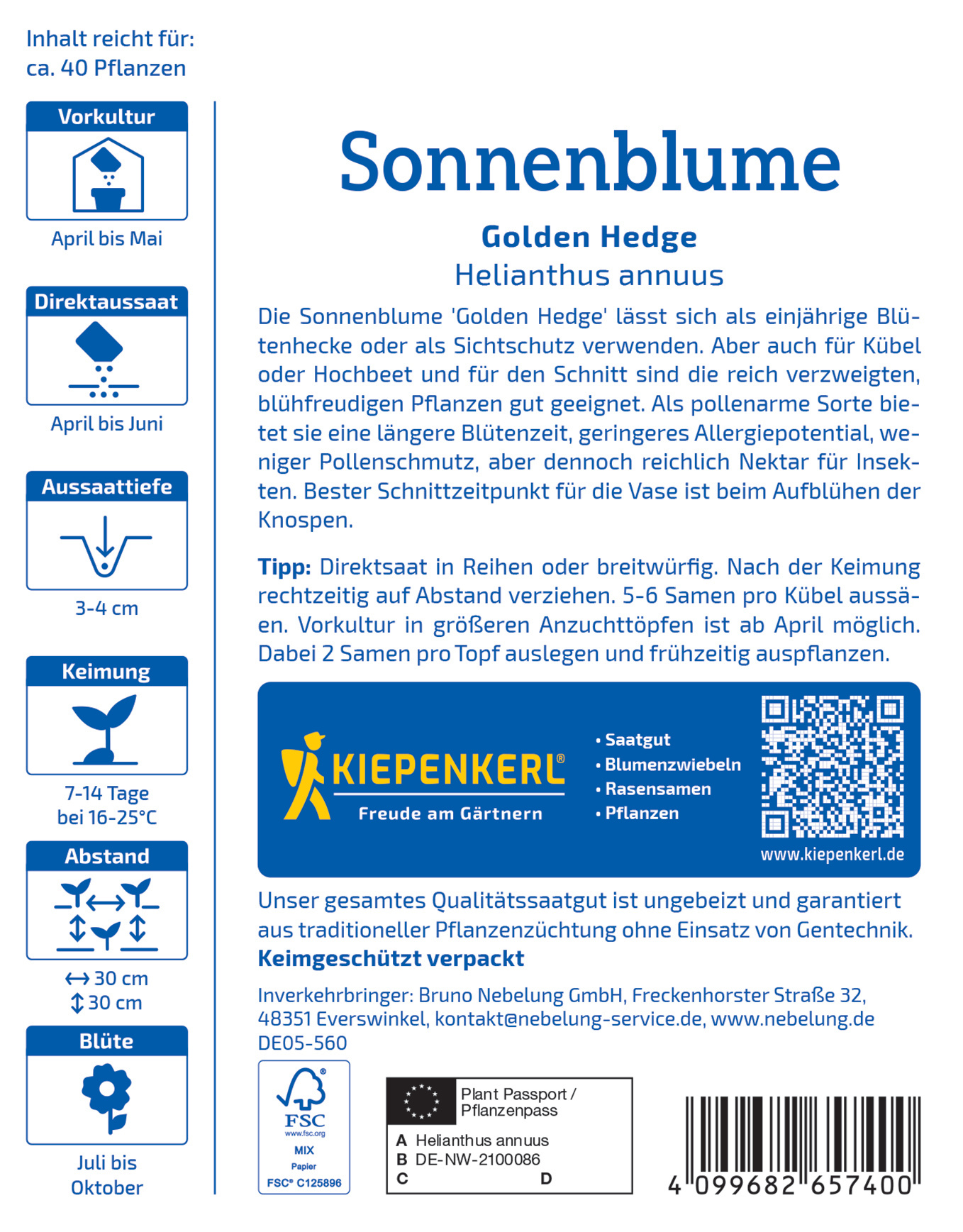 Blumenpackung für Sonnenblume Helianthus annuus, mit Pflanzhinweisen, Barcod, Logo und QR-Code.