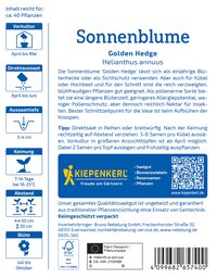 Blumenpackung für Sonnenblume Helianthus annuus, mit Pflanzhinweisen, Barcod, Logo und QR-Code.