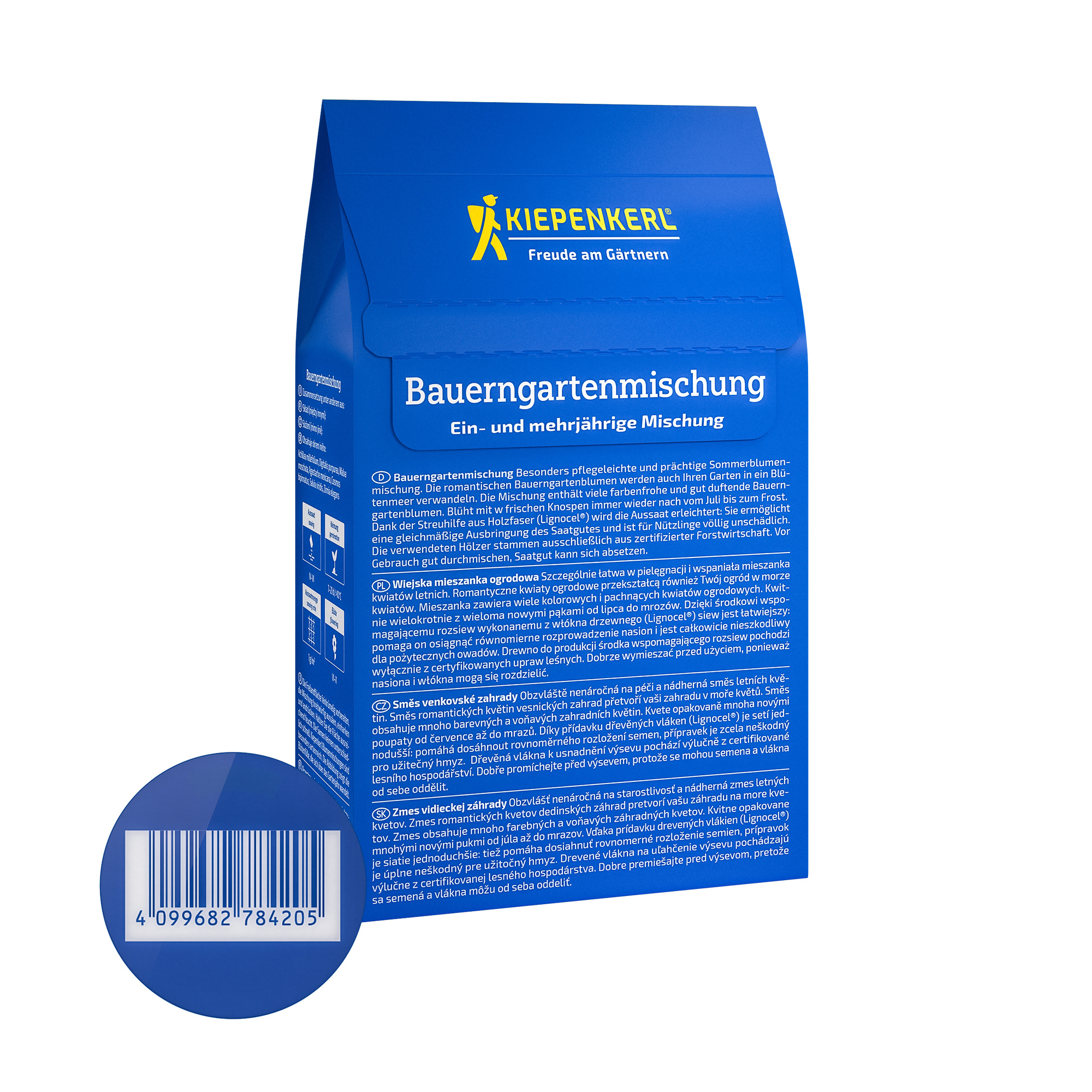 Blaue Verpackung mit gelbem Logo und Text, zeigt eine Mischung für den Garten, mit Beschreibung in mehreren Sprachen.