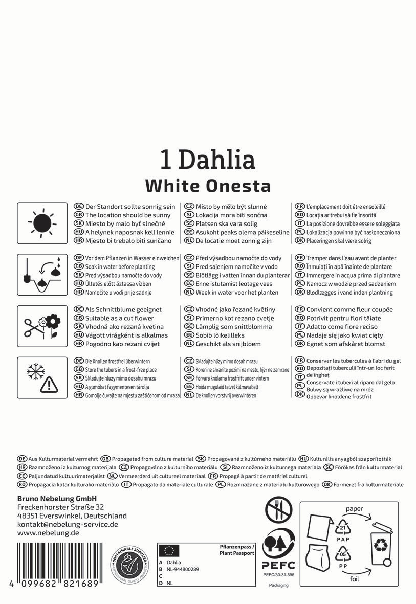Anleitungsetikett mit Pflanzanweisungen, Symbole und Kontaktinformationen auf weißem Hintergrund.