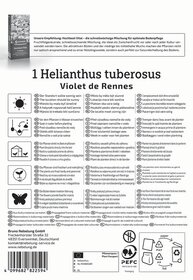 Anleitung für den Anbau von Helianthus tuberosus, inklusive Pflanzdetails und Pflegehinweisen in mehreren Sprachen.