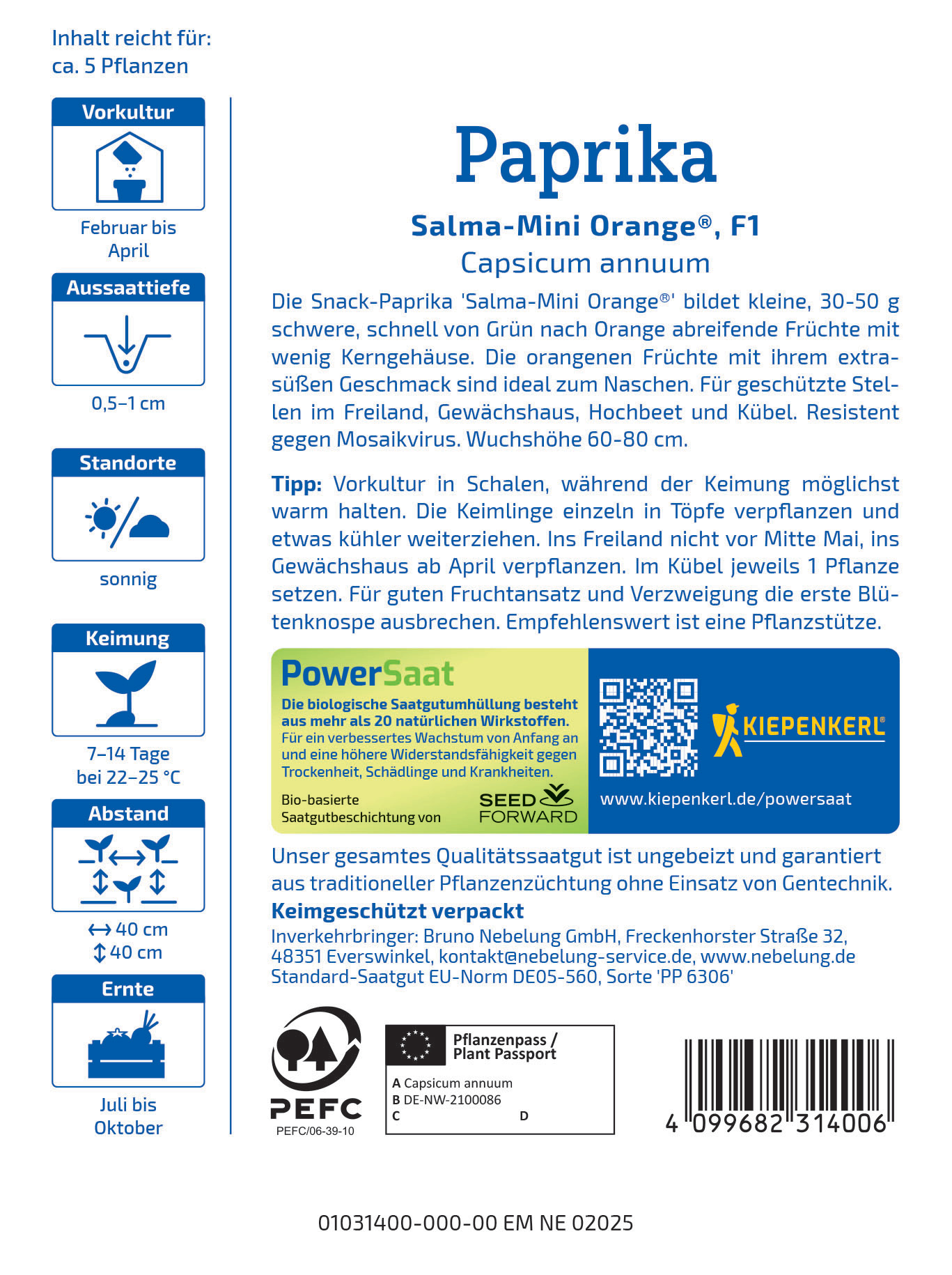 Anleitung für Paprika Salma-Mini Orange, mit Text zu Aussaat, Standort, Keimung, Abstand und Ernte, auf französischer Verpackung.