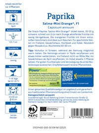 Anleitung für Paprika Salma-Mini Orange, mit Text zu Aussaat, Standort, Keimung, Abstand und Ernte, auf französischer Verpackung.